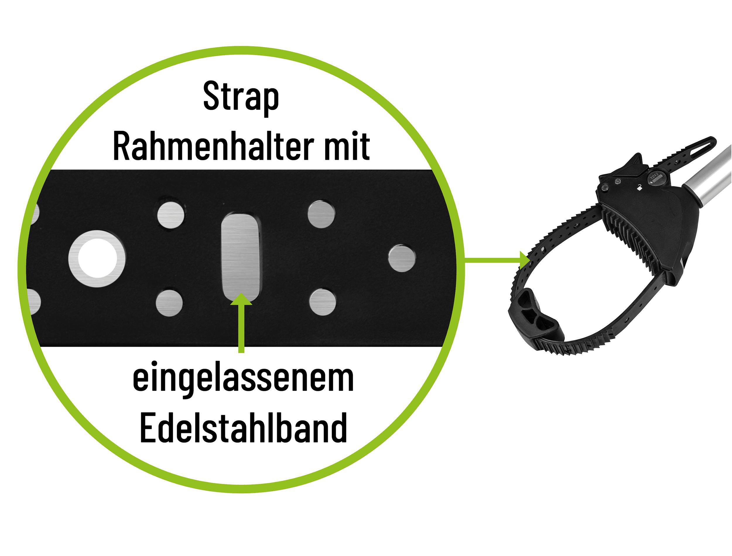 Schwarz Gurt-Rahmenhalter mit eingelassenem Edelstahlband und Ratsche.