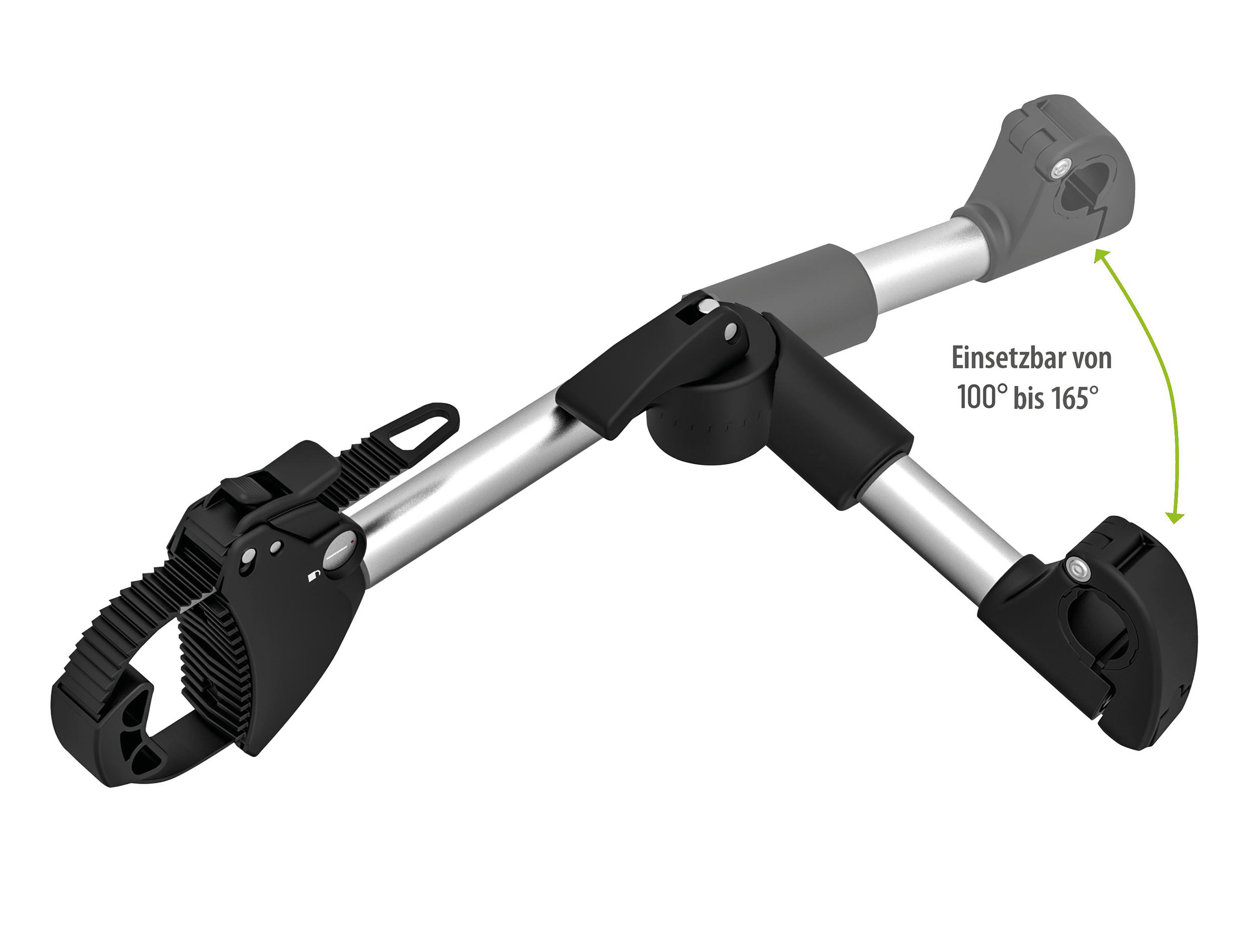 Ein schwarzer und silberner Fahrradträgerarm mit Verstellmechanismus.