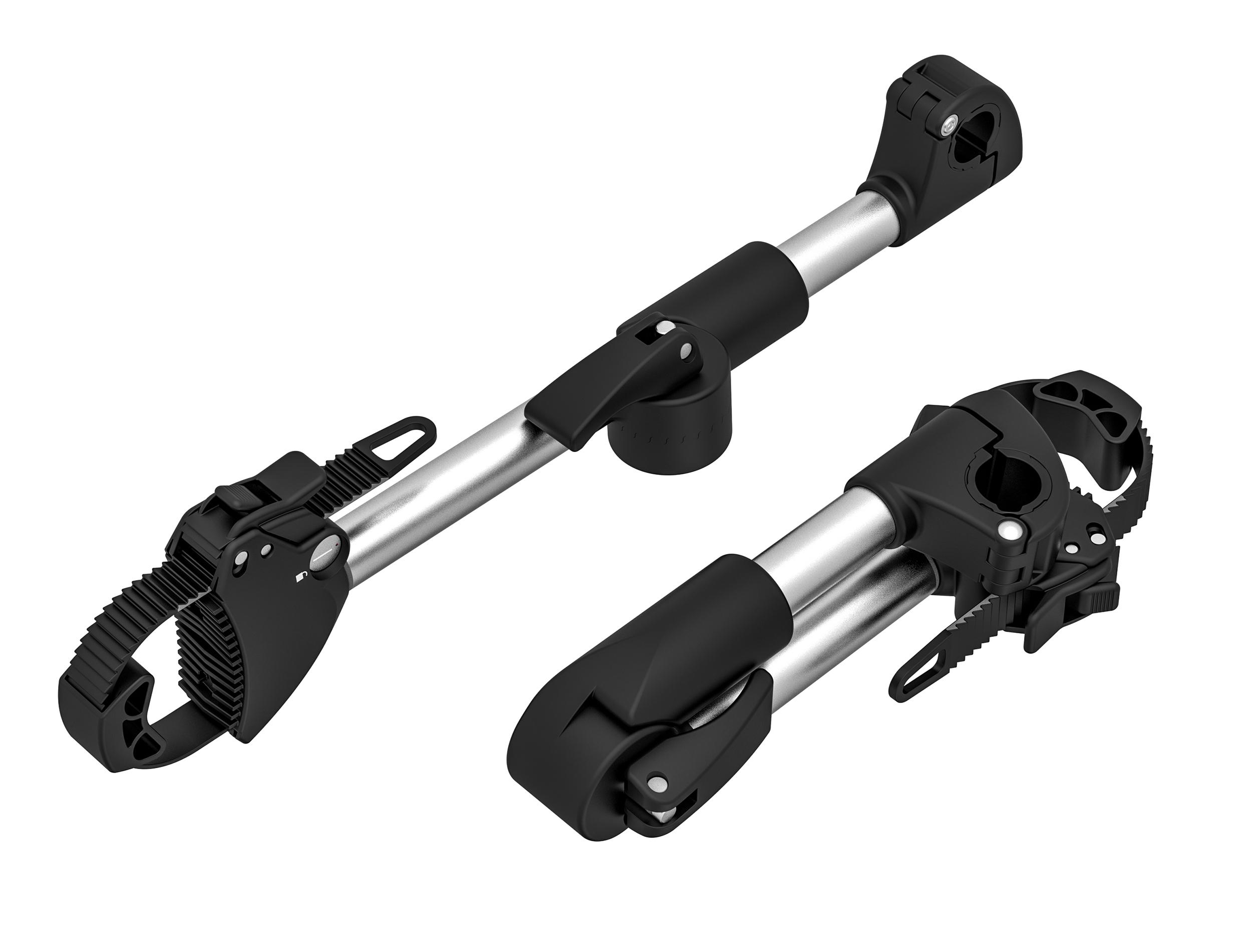 Zwei schwarze und silberne Fahrradträgerarme mit Verriegelungsmechanismen.