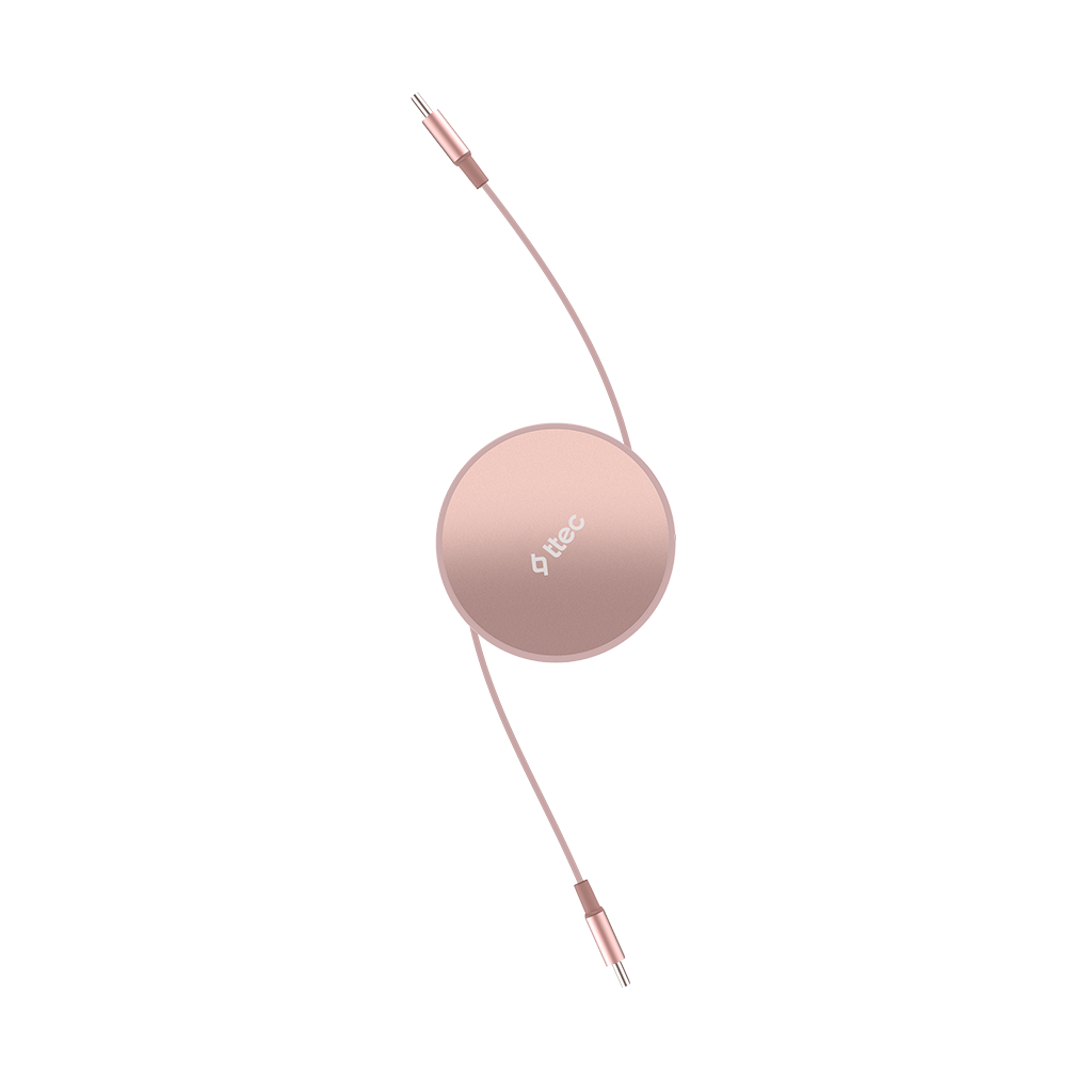 İki konektörlü, rose gold rengi yuvarlak kablo sarıcı.
