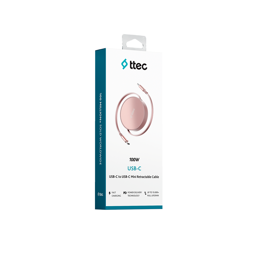 Ttec marka rose gold renkli, geri çekilebilir USB-C kablo kutusu.