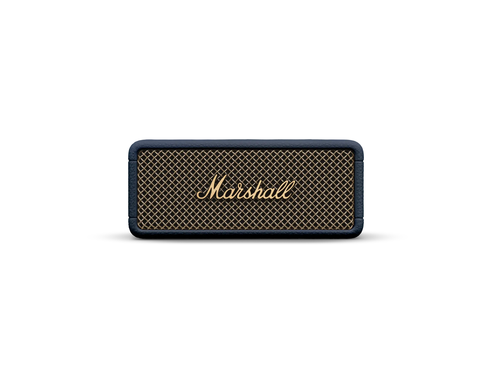 Siyah arka plan üzerinde altın ızgaralı ve mavi kenarlı bir Marshall hoparlör.
