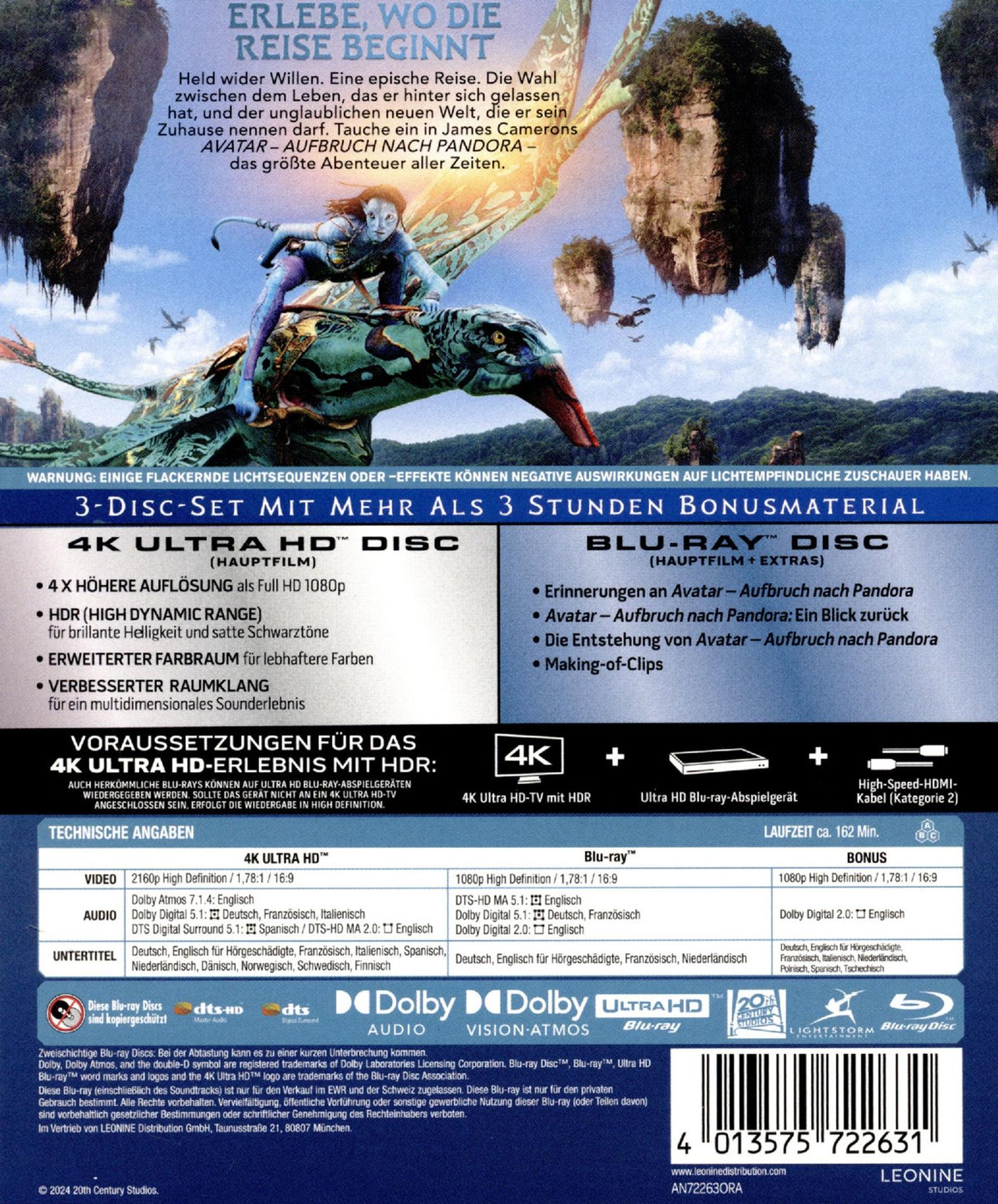 Eine Na'vi-Kriegerin reitet auf einem Flugtier vor schwebenden Inseln, Avatar-Blu-ray-Cover.