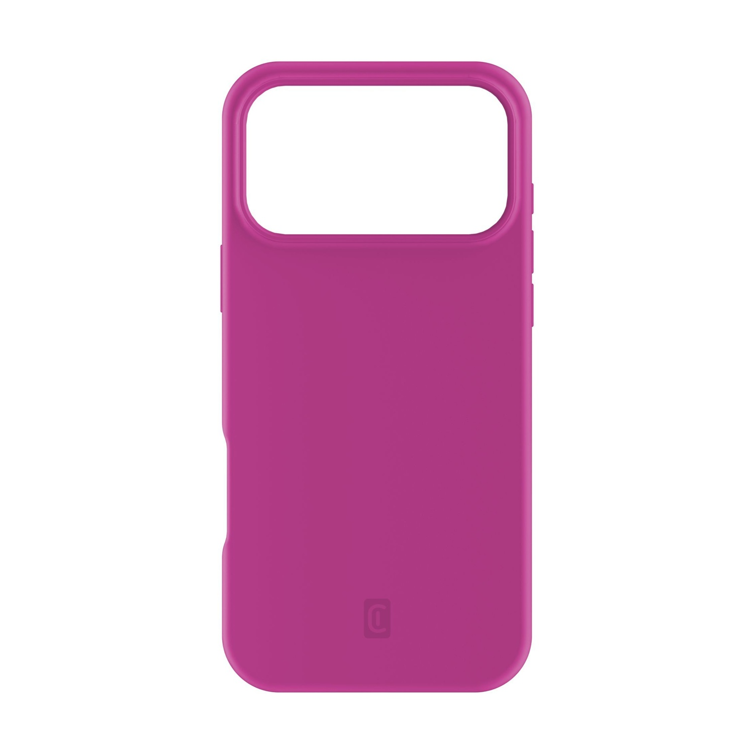 Una cover rosa per telefono con ritaglio in alto e logo in basso.