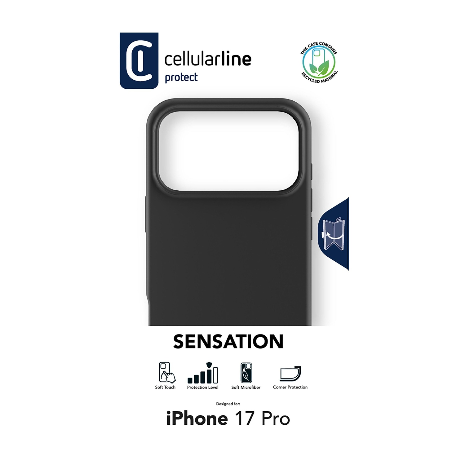 Custodia nera per iPhone 17 Pro con loghi e caratteristiche.