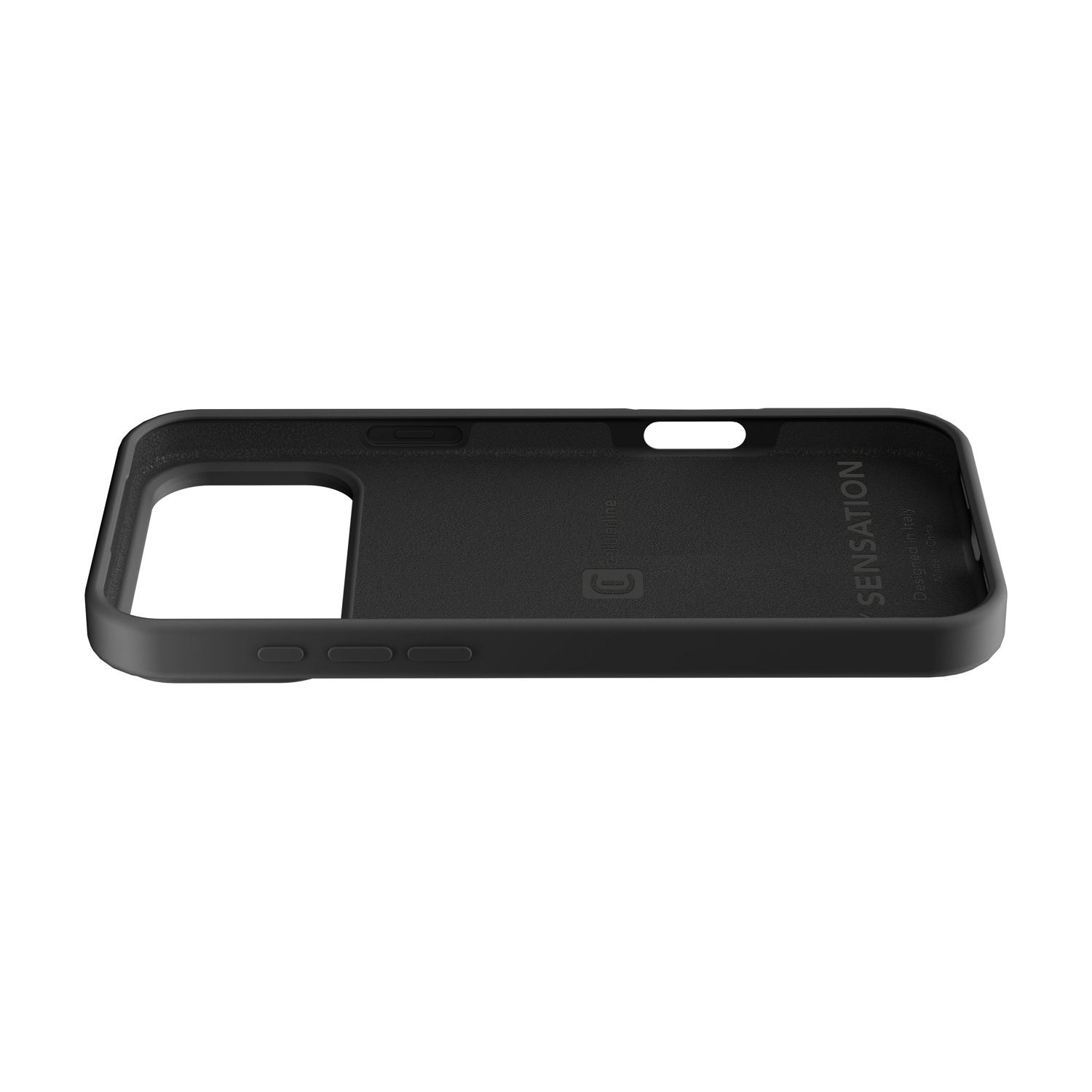 Custodia nera per telefono con ritaglio fotocamera e pulsanti.