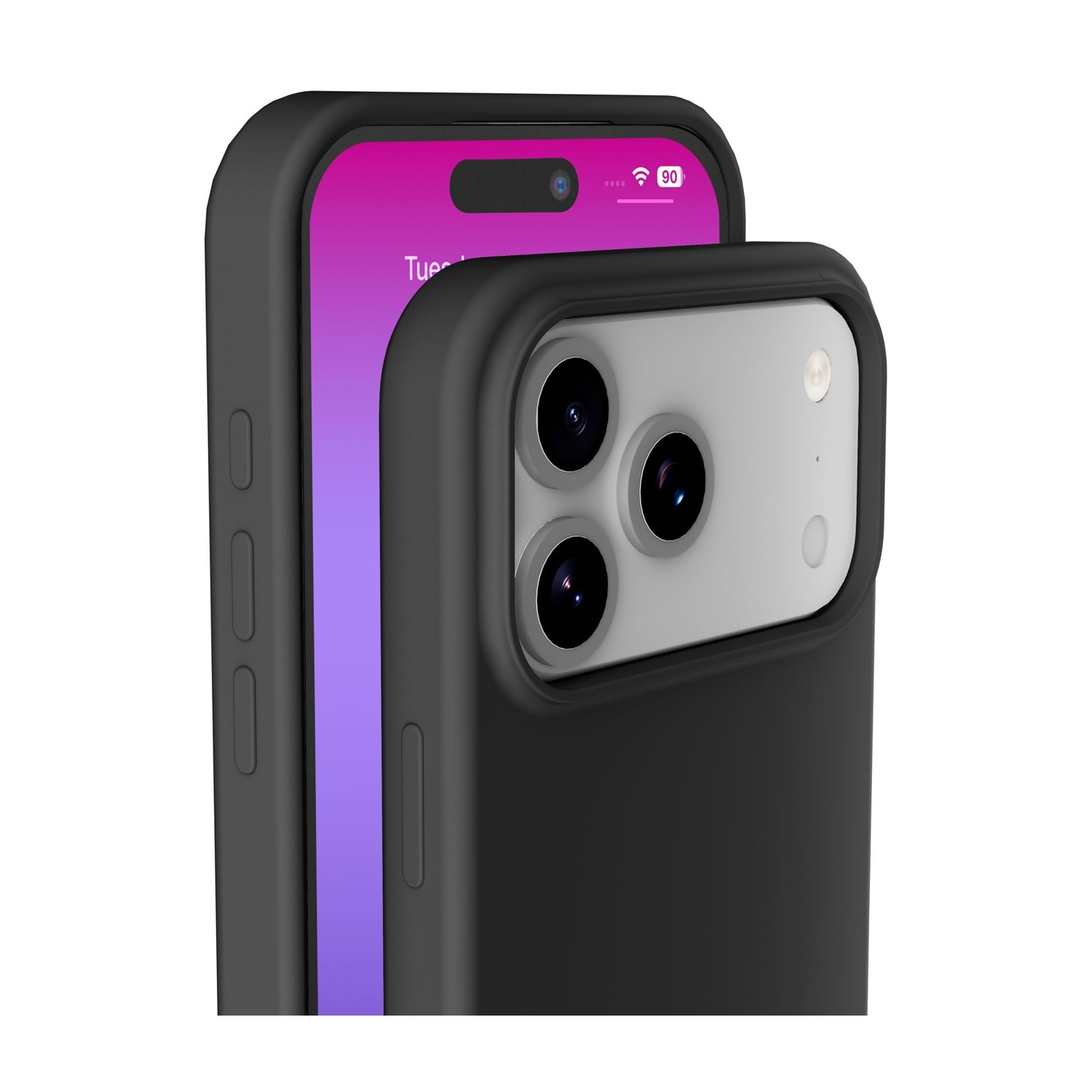 Primo piano di una custodia nera per iPhone che mostra le lenti della fotocamera e parte dello schermo.