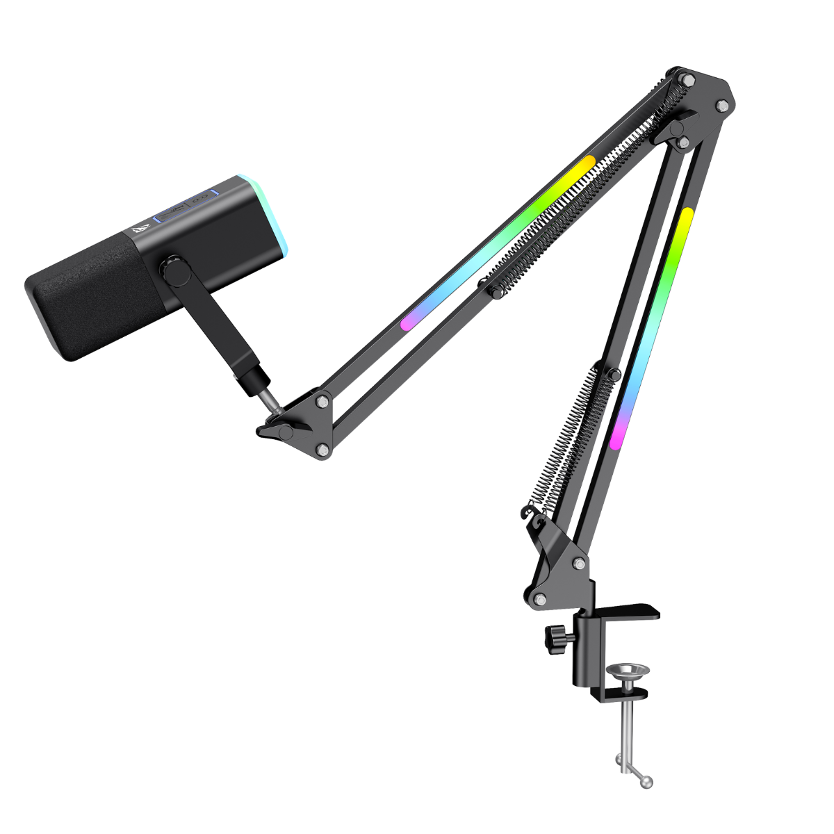 RGB aydınlatmalı ve masa kelepçeli ayarlanabilir kollu siyah mikrofon.