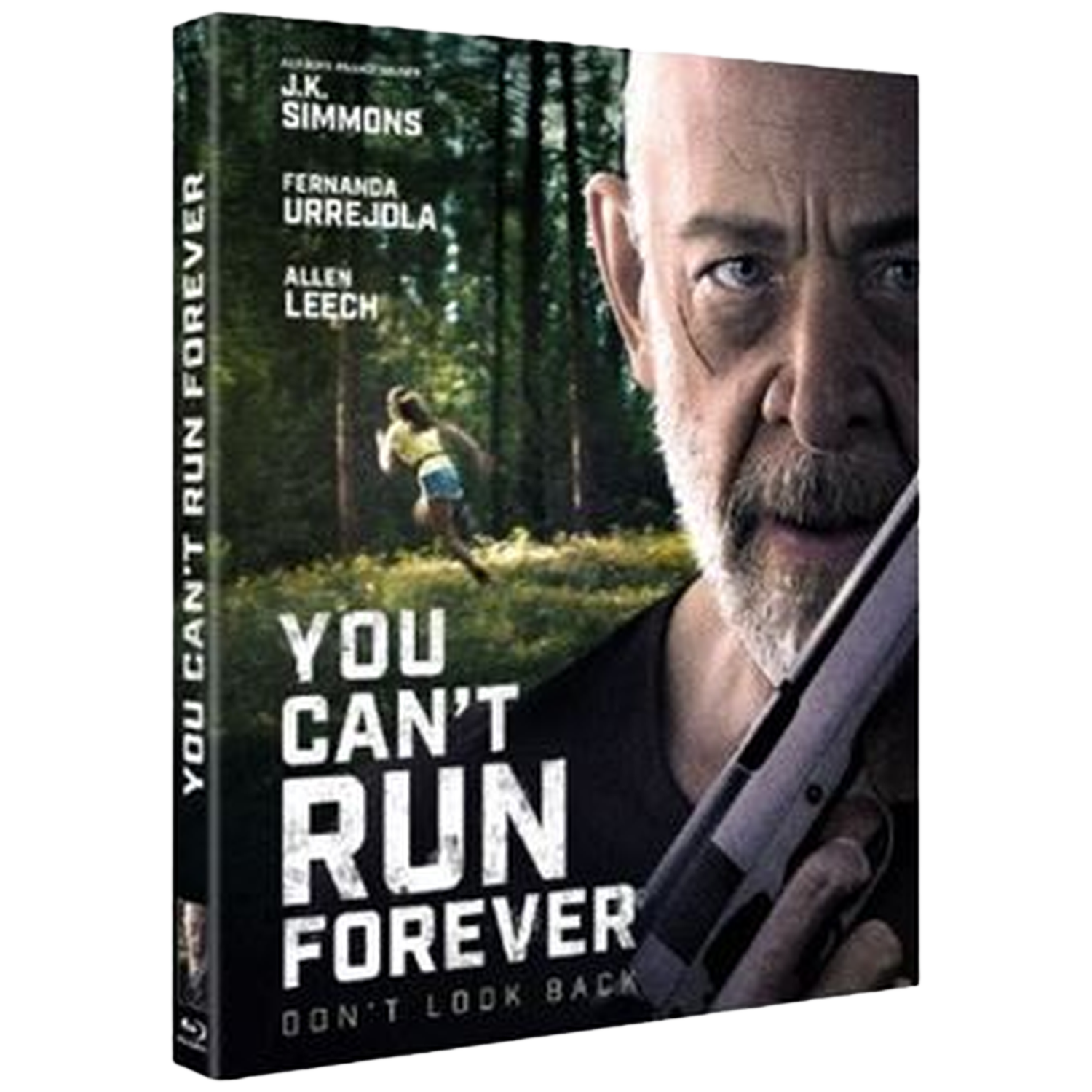 Homme barbu tenant un pistolet. Femme court dans la forêt. Titre: You Can't Run Forever.