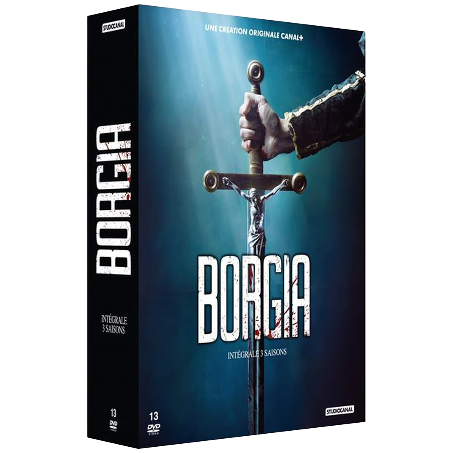 Coffret DVD Borgia avec une épée et figurine de Jésus. 3 saisons.