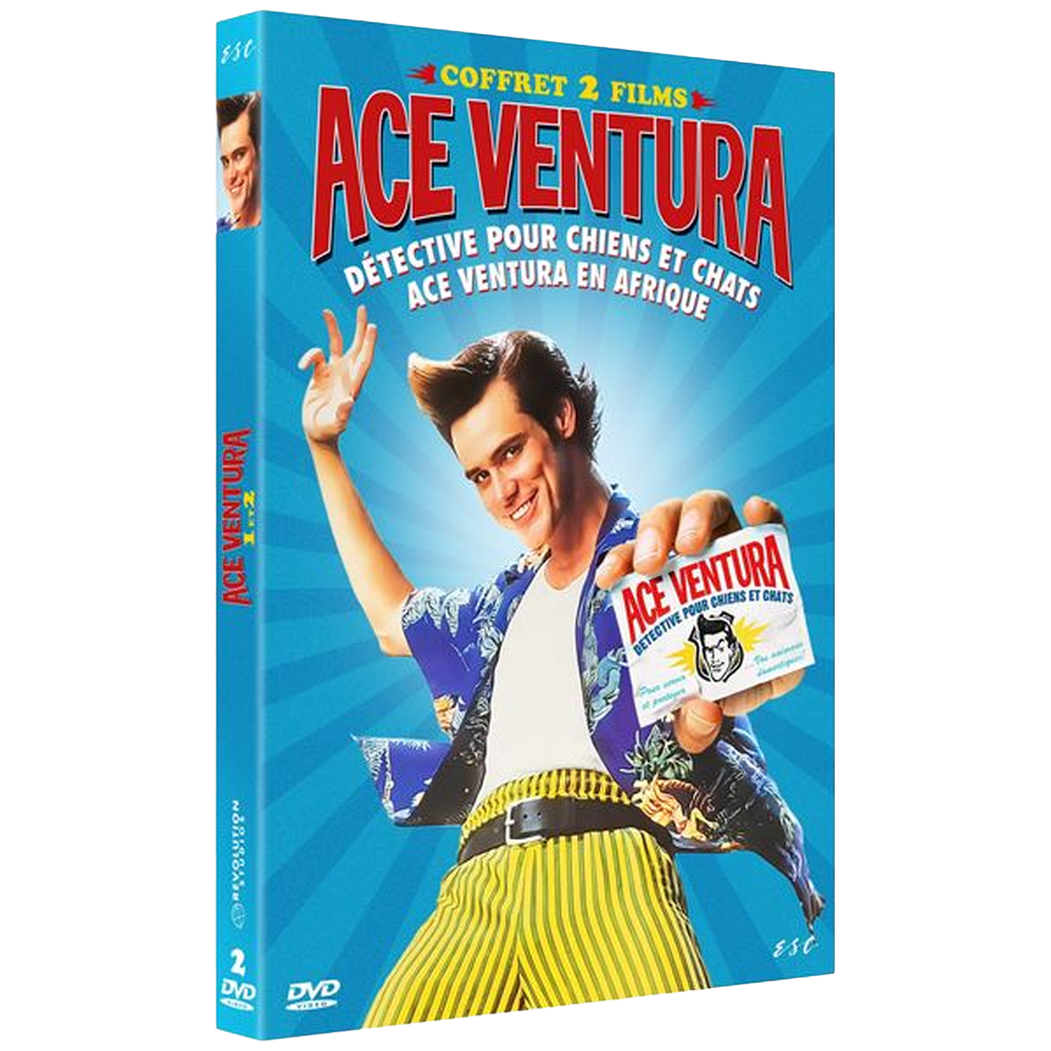 Couverture DVD d'Ace Ventura avec Jim Carrey en chemise colorée et pantalon rayé.