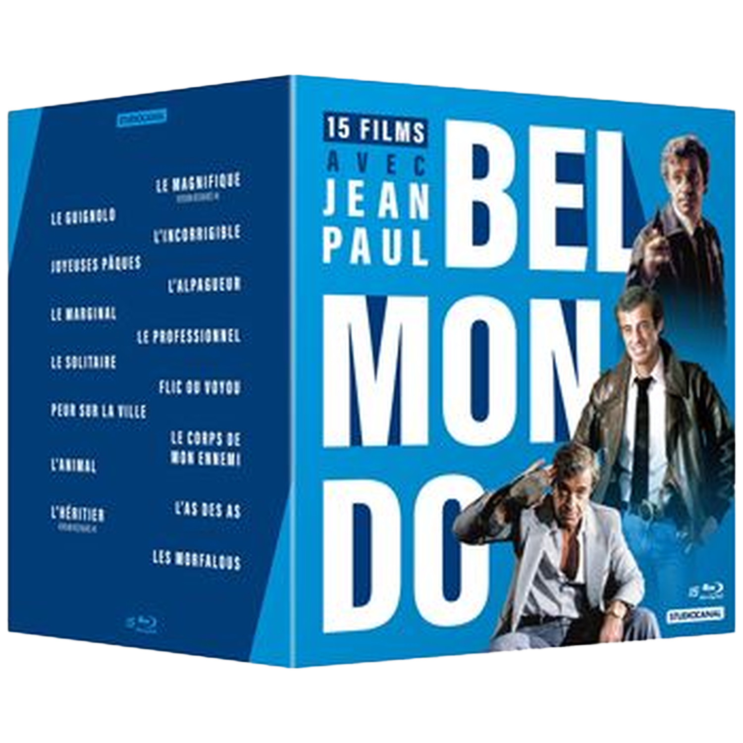 Boîte avec films de Jean Paul Belmondo, deux images de lui.