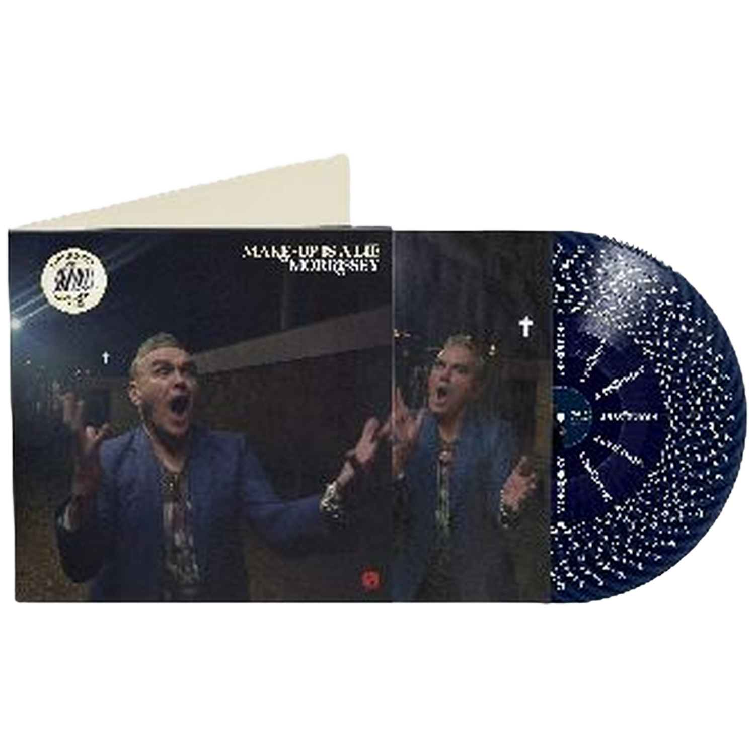 Een man in een blauw jasje met uitgestrekte armen, op een platencover. Een vinylplaat is te zien.