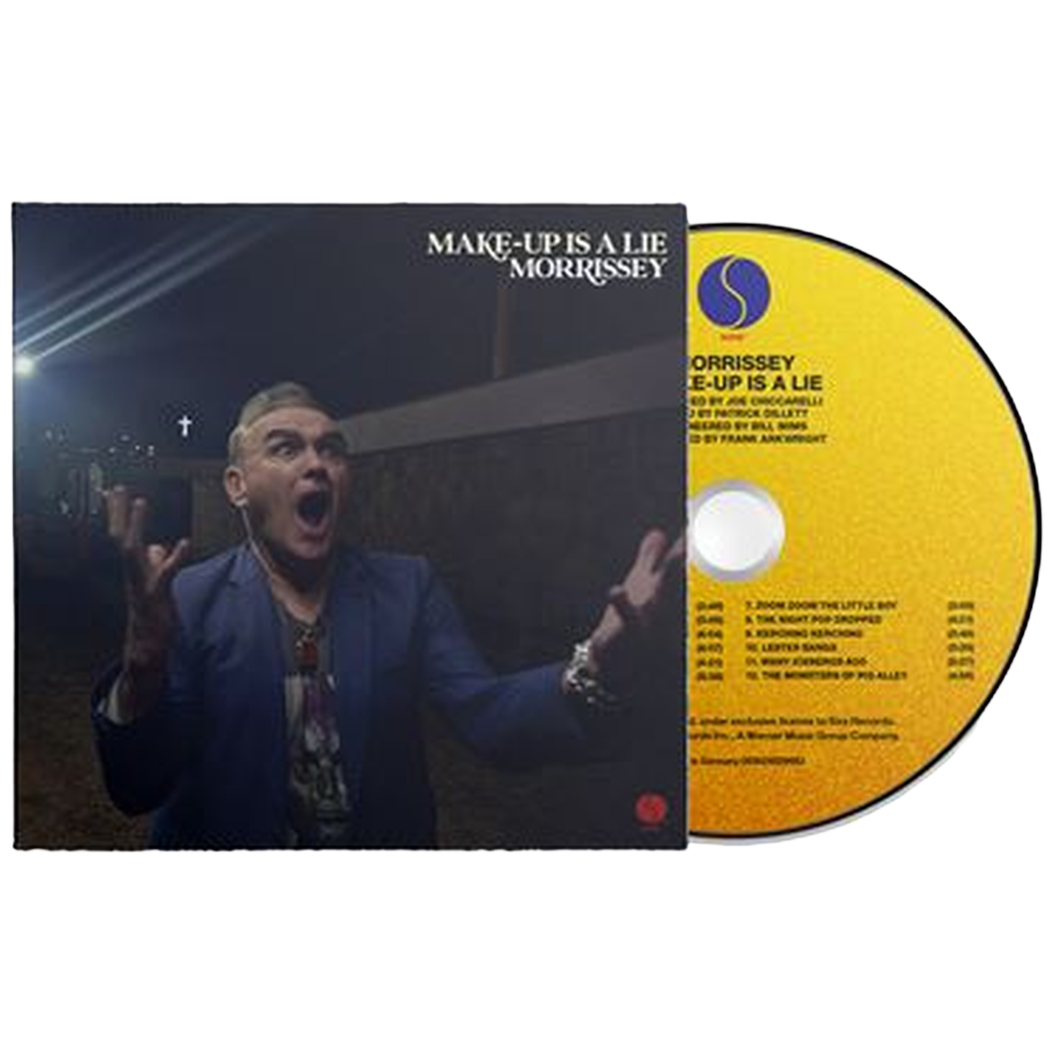 Een man in een blauw pak met open mond, naast een CD.