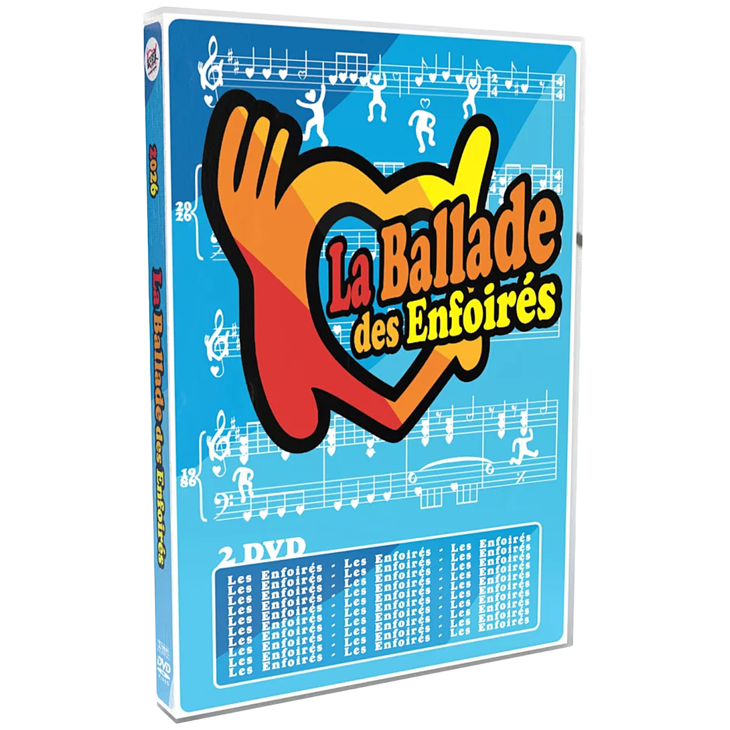 Dvd-hoes met kleurrijke muzieknoten en dansende figuren. Titel: La Ballade des Enfoirés.