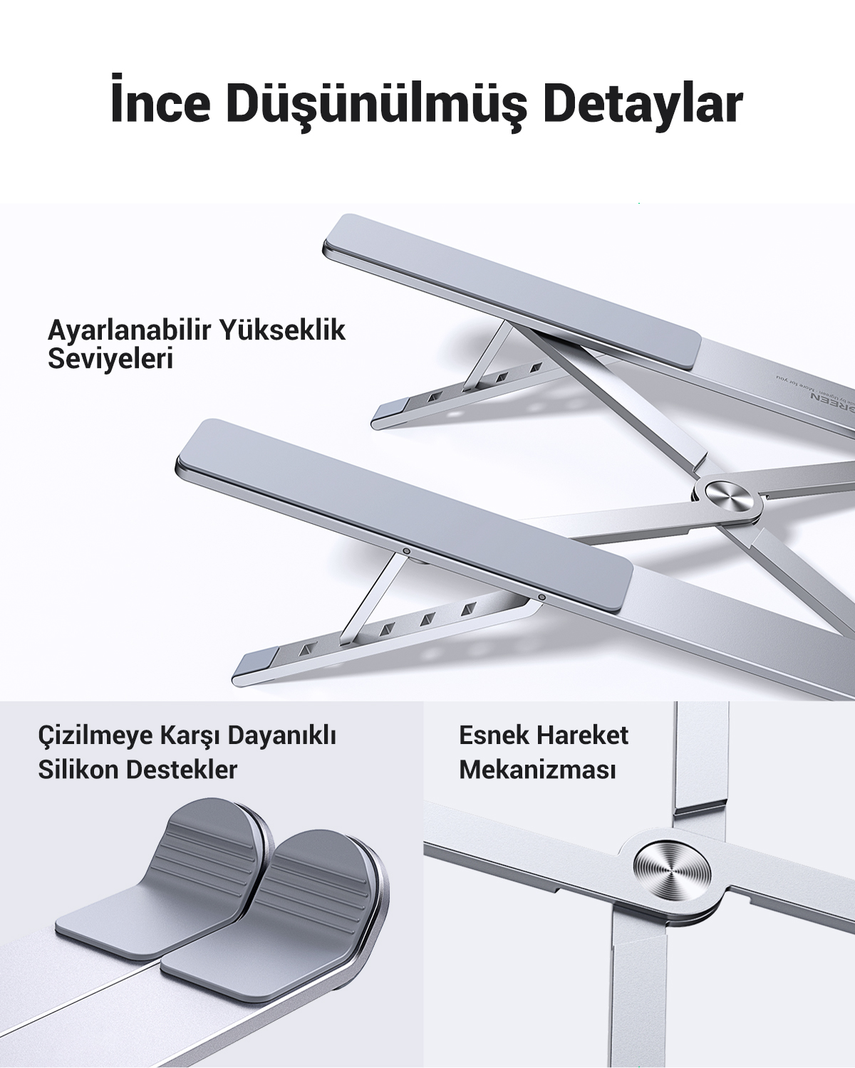 Ayarlanabilir yükseklik ve silikon ayaklara sahip gümüş rengi dizüstü bilgisayar standı.
