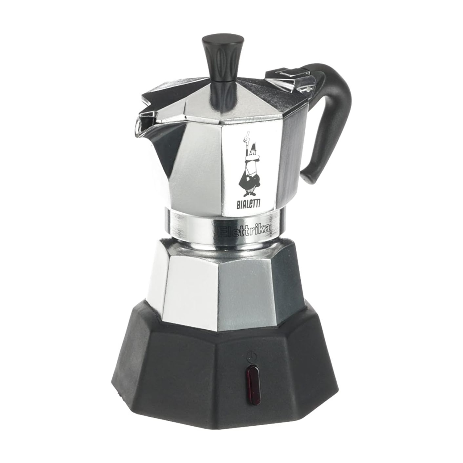 Moka Bialetti argentata con base nera e spia rossa.