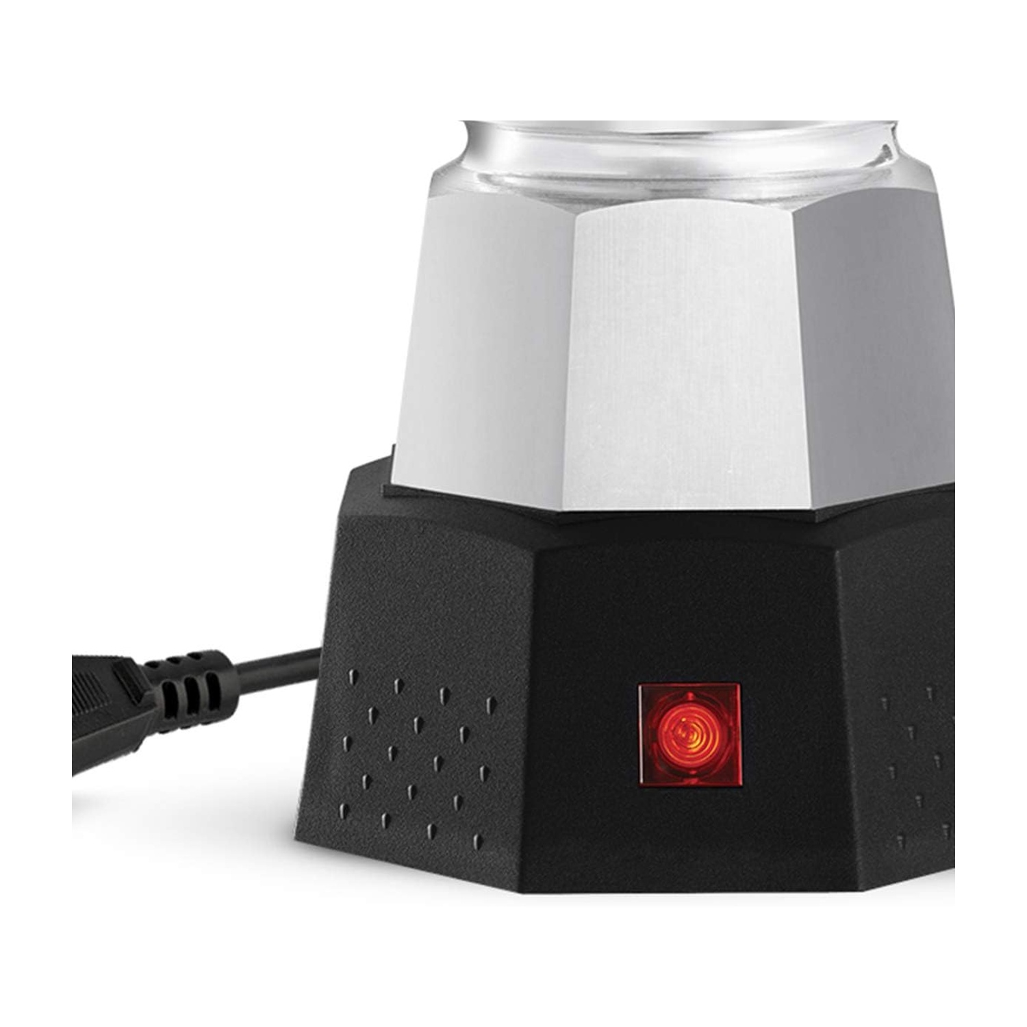 Un macinacaffè nero con parte superiore argentata e spia rossa.
