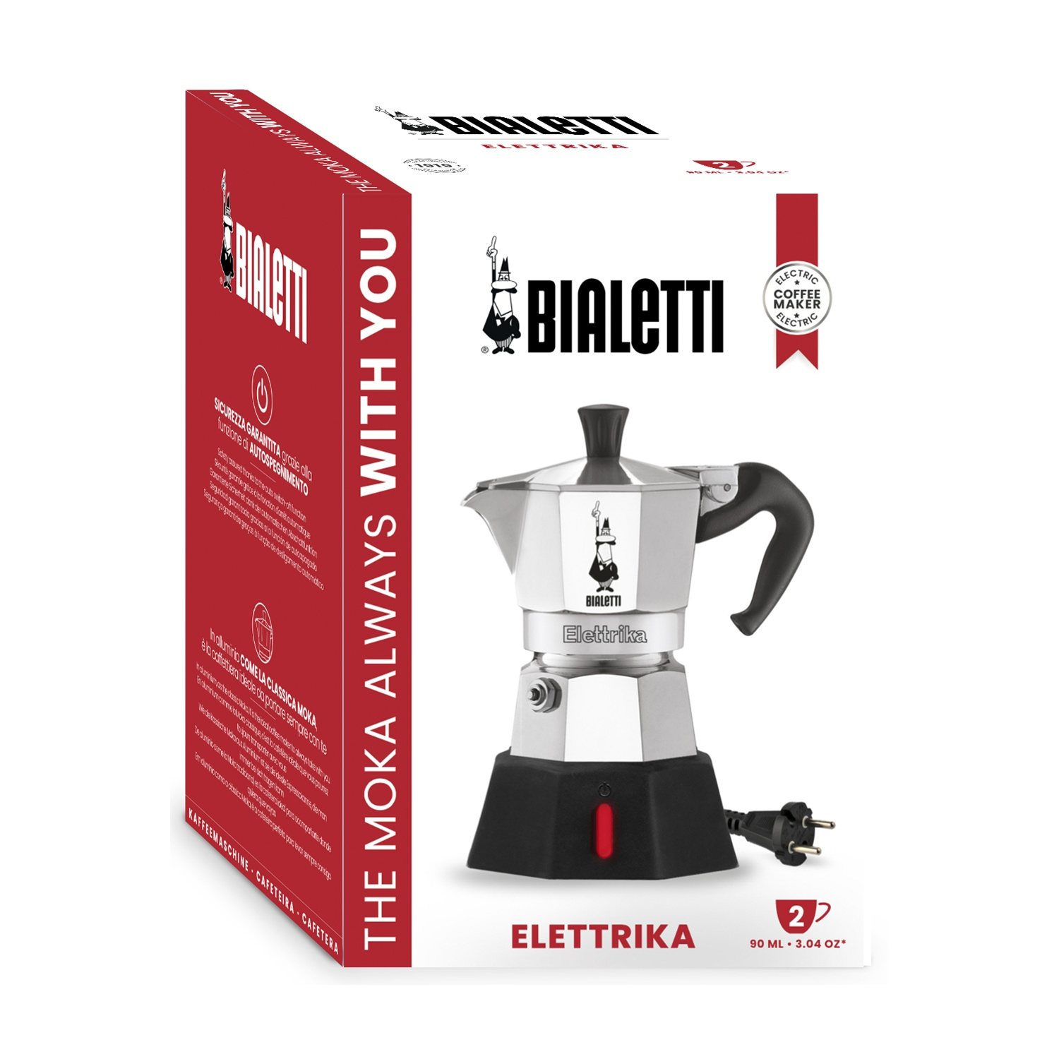Moka Bialetti Elettrika con base e cavo neri, corpo argentato.