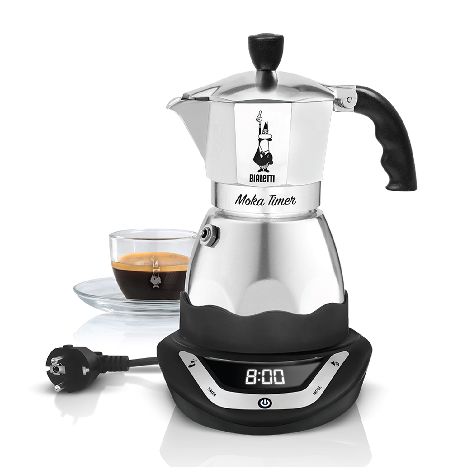 Moka timer Bialetti argentata con manico nero su base nera con display.
