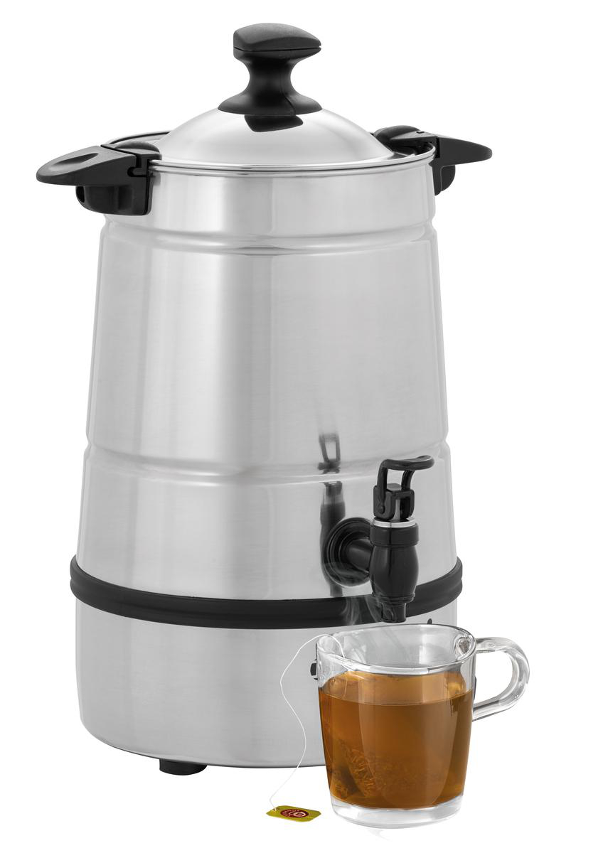 Ein silberner Wasserkessel mit Zapfhahn und eine Tasse Tee.