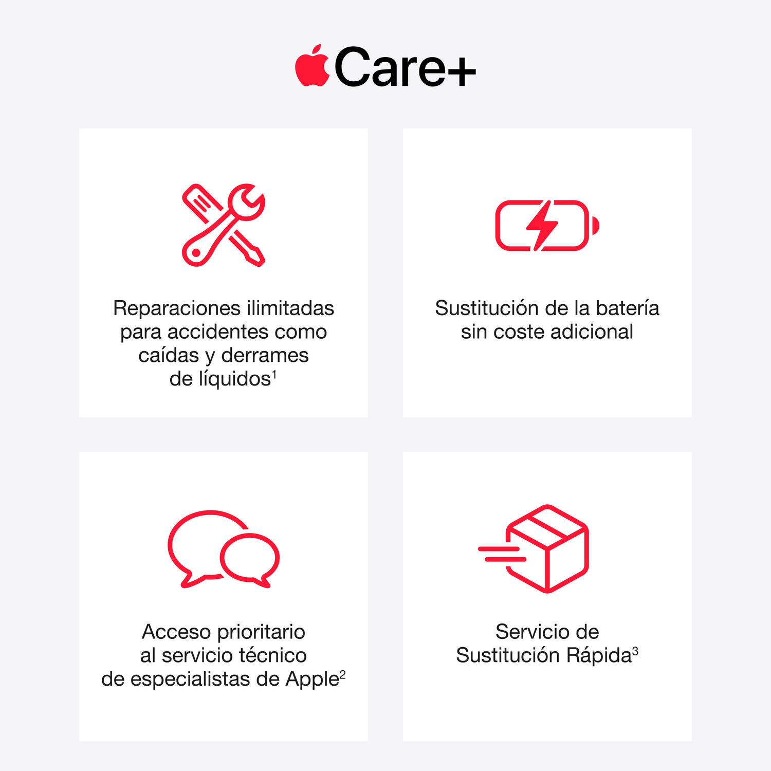 Apple Care+ ofrece reparaciones, reemplazo de batería, soporte y reemplazo rápido.