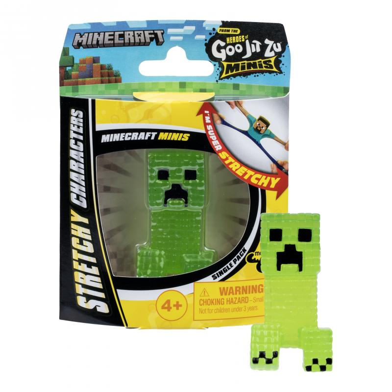 Grüne Minecraft Creeper-Figur im Karton mit "Super Stretchy" Aufschrift.