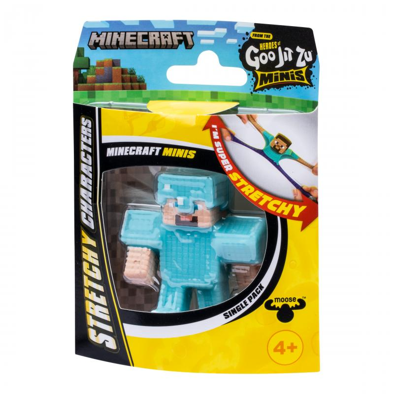 Minecraft Goo Jit Zu Mini Figur in blauer Rüstung, verpackt mit Minecraft-Logo.