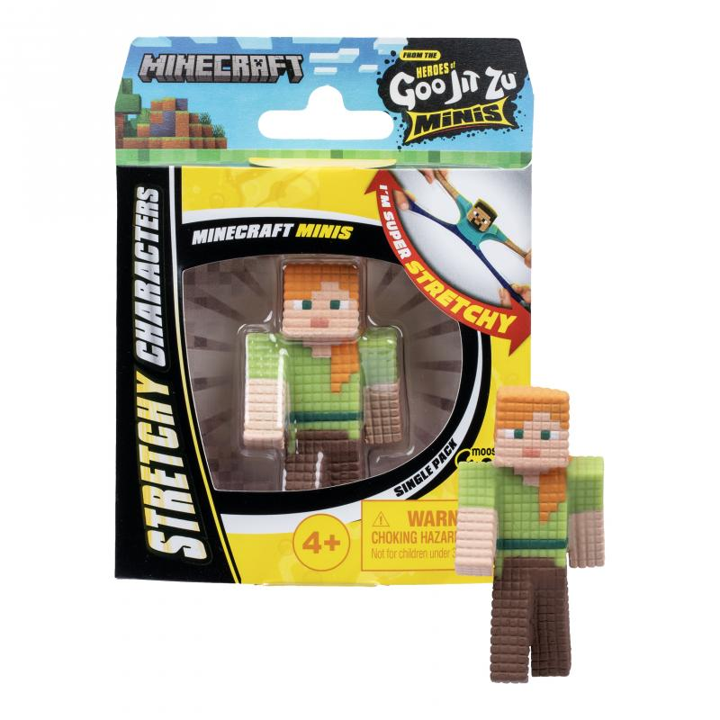 Minecraft Alex Minifigur in Verpackung, eine Actionfigur daneben.