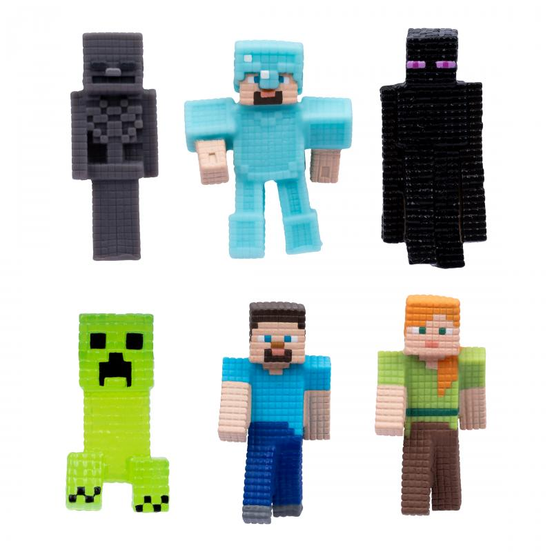 Sechs Minecraft-Figuren: Skelett, blauer Krieger, Enderman, Creeper, Steve und Alex.