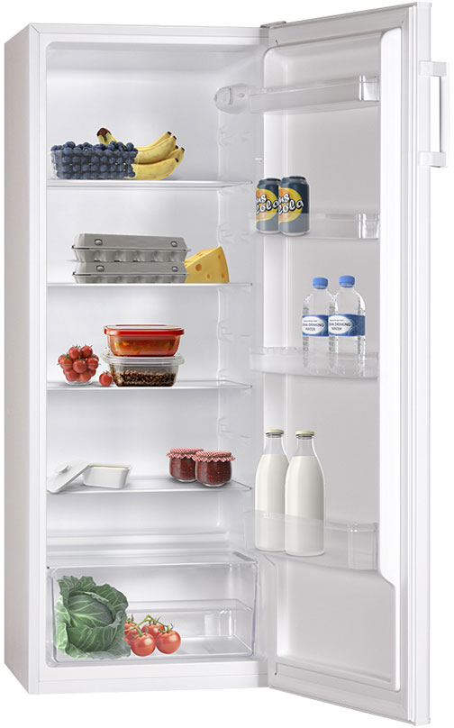 Ein offener Kühlschrank mit Lebensmitteln: Beeren, Bananen, Eier, Käse, Tomaten, Kohl und Getränke.