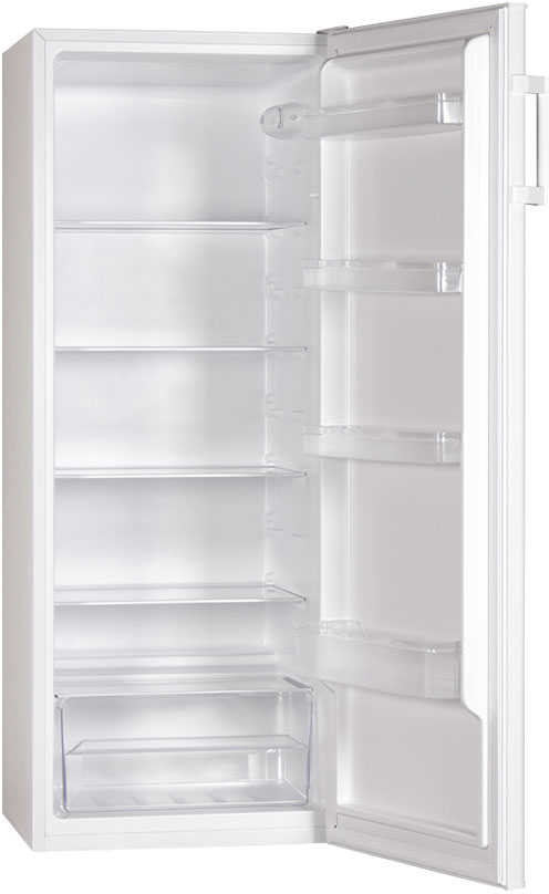 Ein weißer Kühlschrank mit offener Tür und mehreren Einlegeböden.