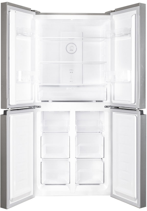 Ein leerer Kühlschrank mit offenen Türen, Regalen und Schubladen.