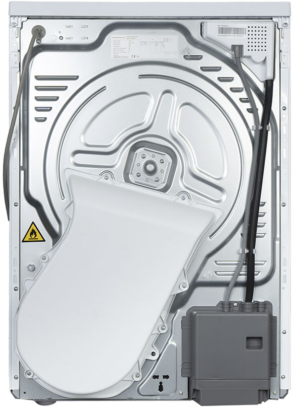 Rückseite eines Trockners mit Kabeln, einem Warnsymbol und Metallabdeckungen.