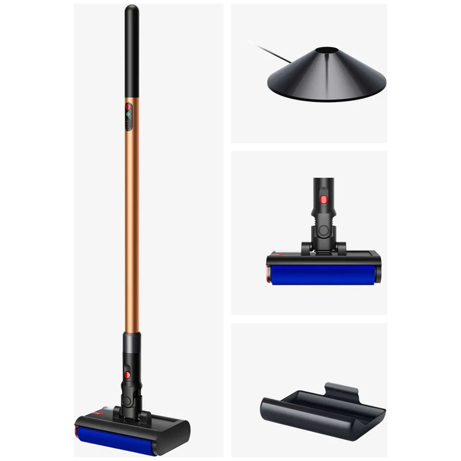 A copper and black stick vacuum cleaner with blue roller brush head, charging base, and power adapter.