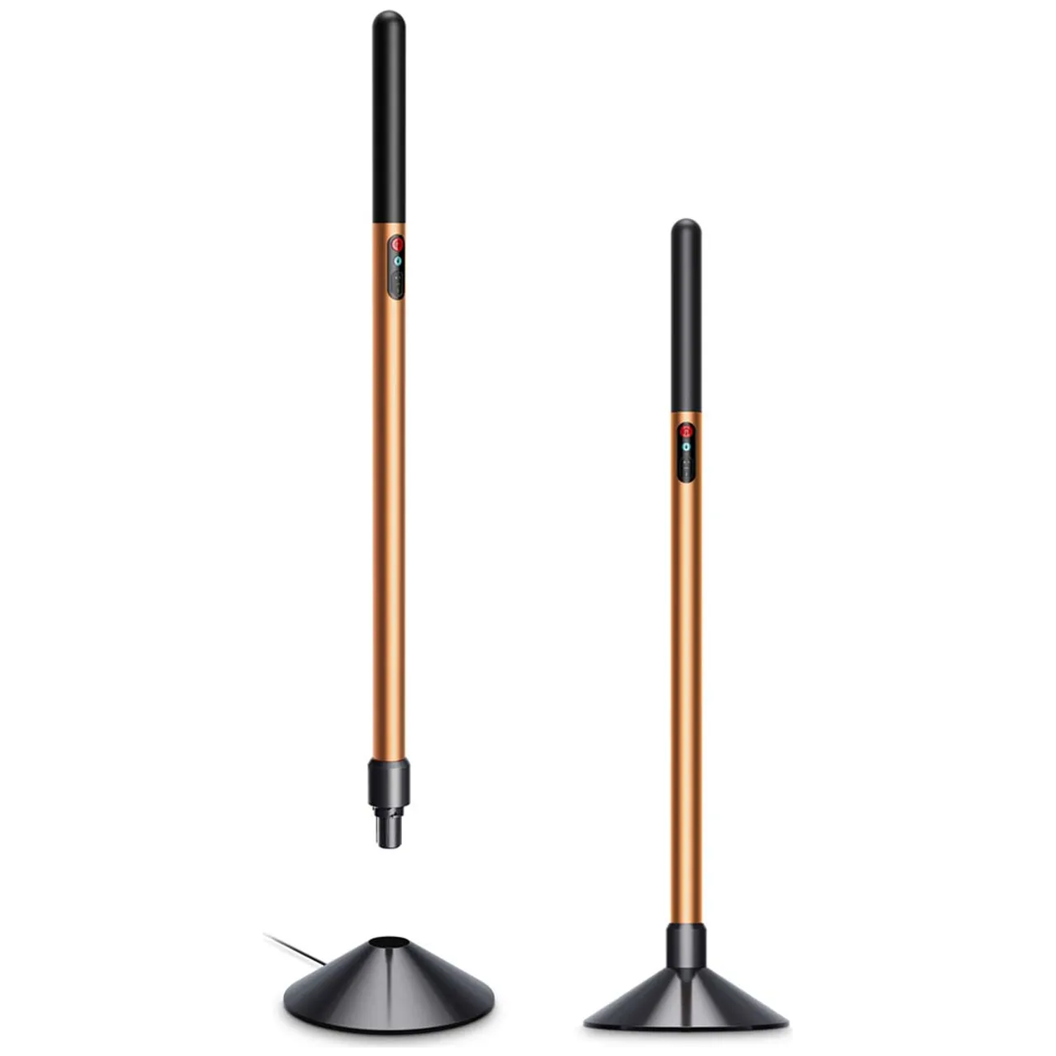 Two bronze-colored rods with black tips, one above a black base.
