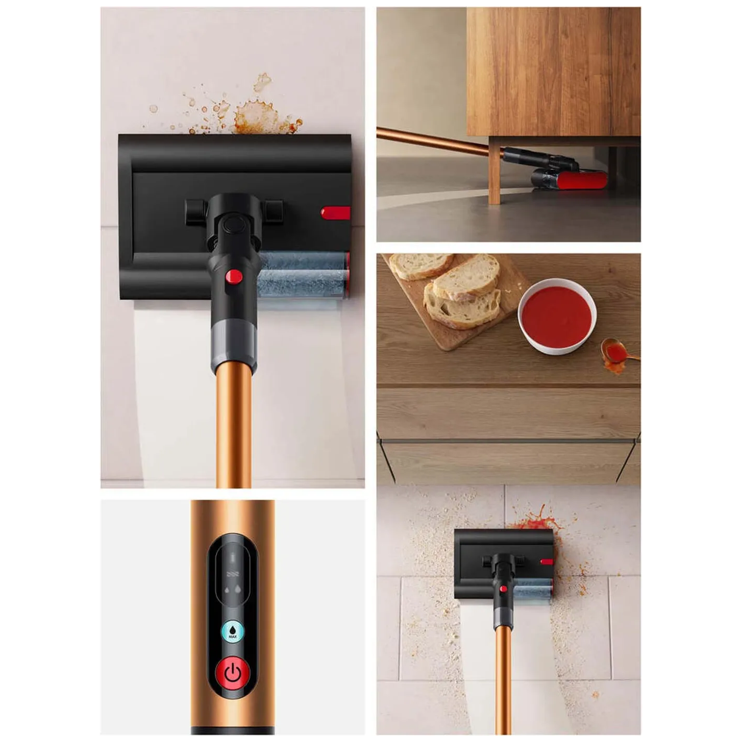 A vacuum cleaner cleans a dirty floor and under furniture.