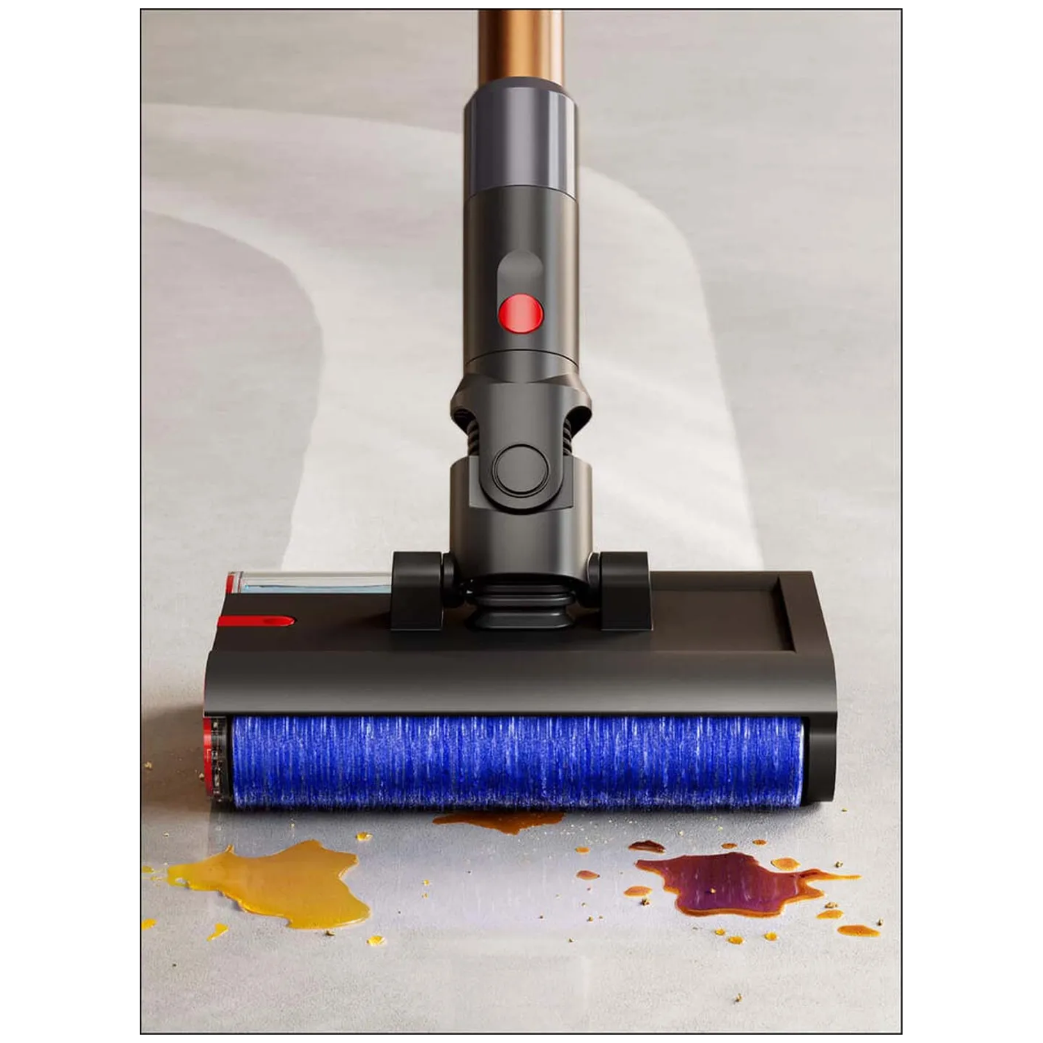 A vacuum cleaner head with a blue brush over spilled liquids on the floor.