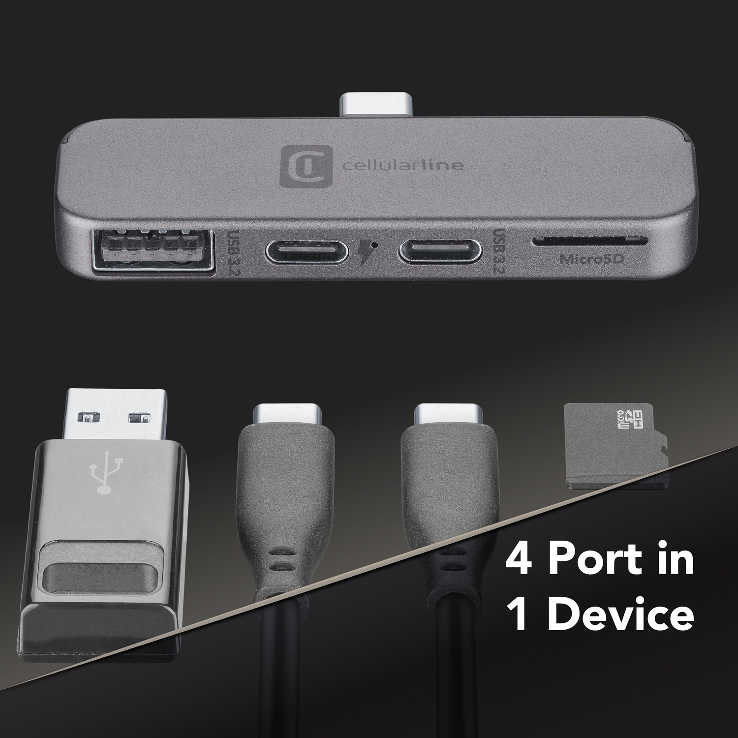 Hub USB-C grigio con 2x USB 3.2, 1x USB-C, 1x slot MicroSD. Cavo e scheda.
