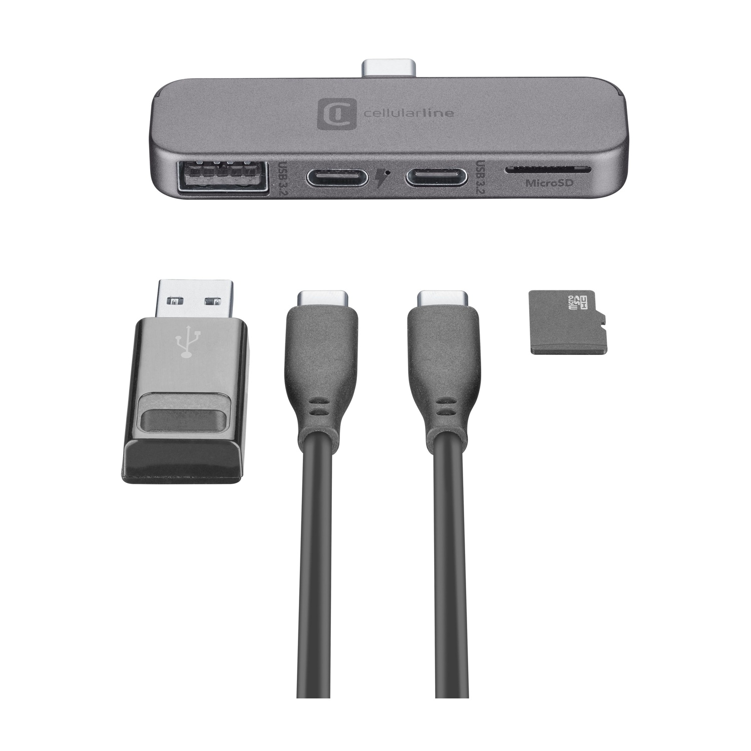 Hub USB-C grigio con due porte USB-A, uno slot MicroSD e due cavi.