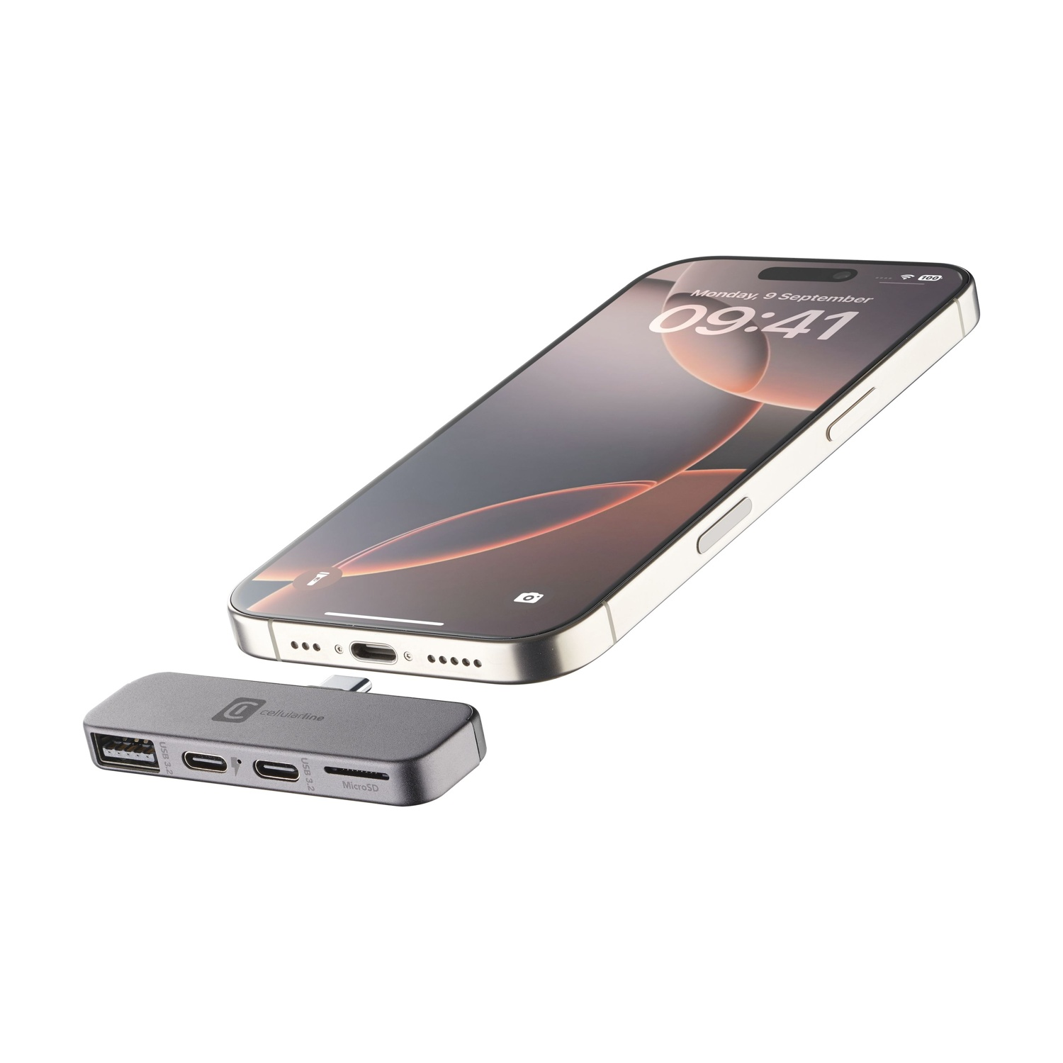 Hub USB-C grigio con porte accanto a un iPhone che mostra le 9:41.