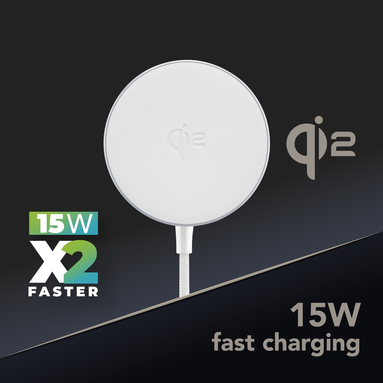 Base di ricarica wireless Qi2 bianca con testo 15W X2 Faster.