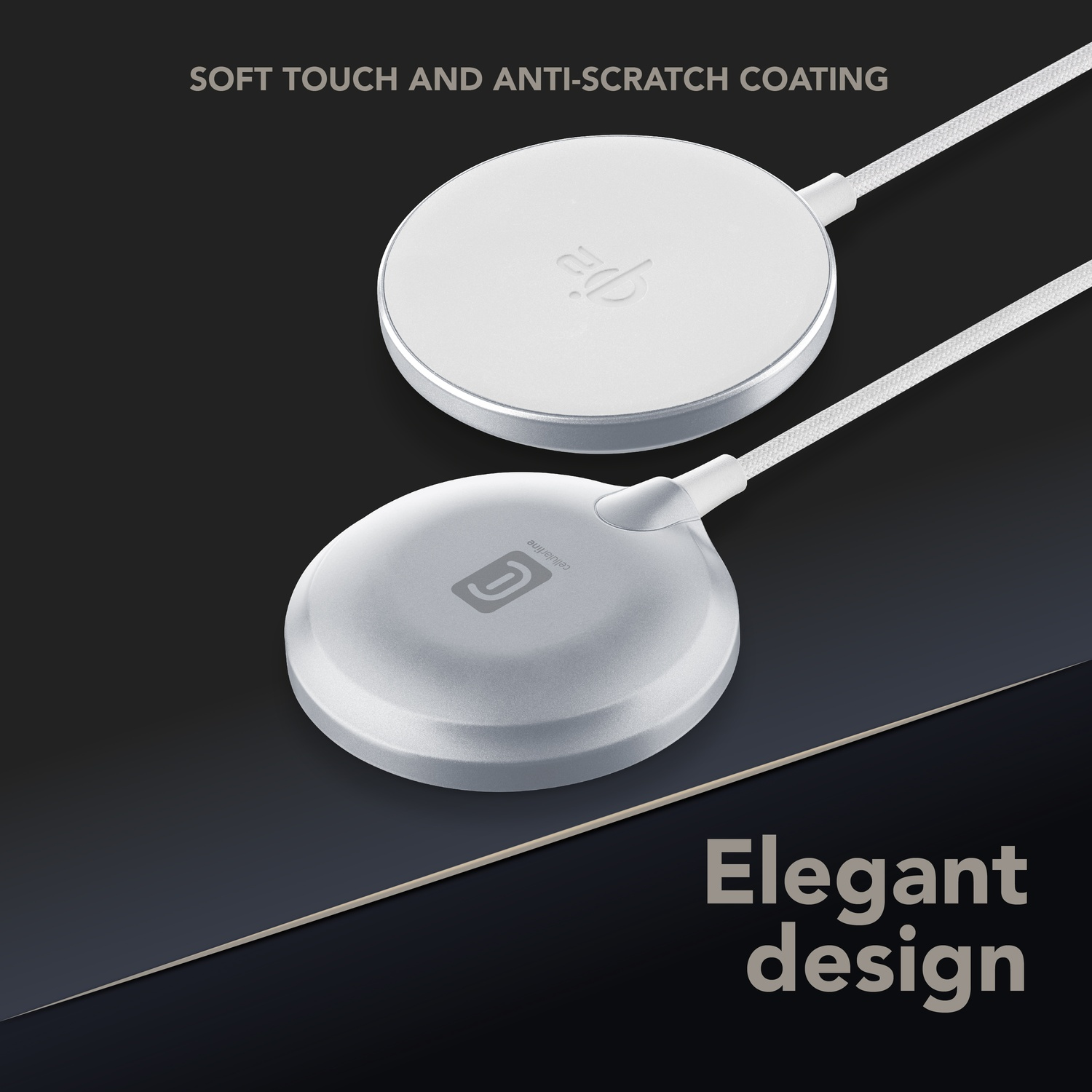 Due caricabatterie wireless bianchi con cavi su sfondo scuro.