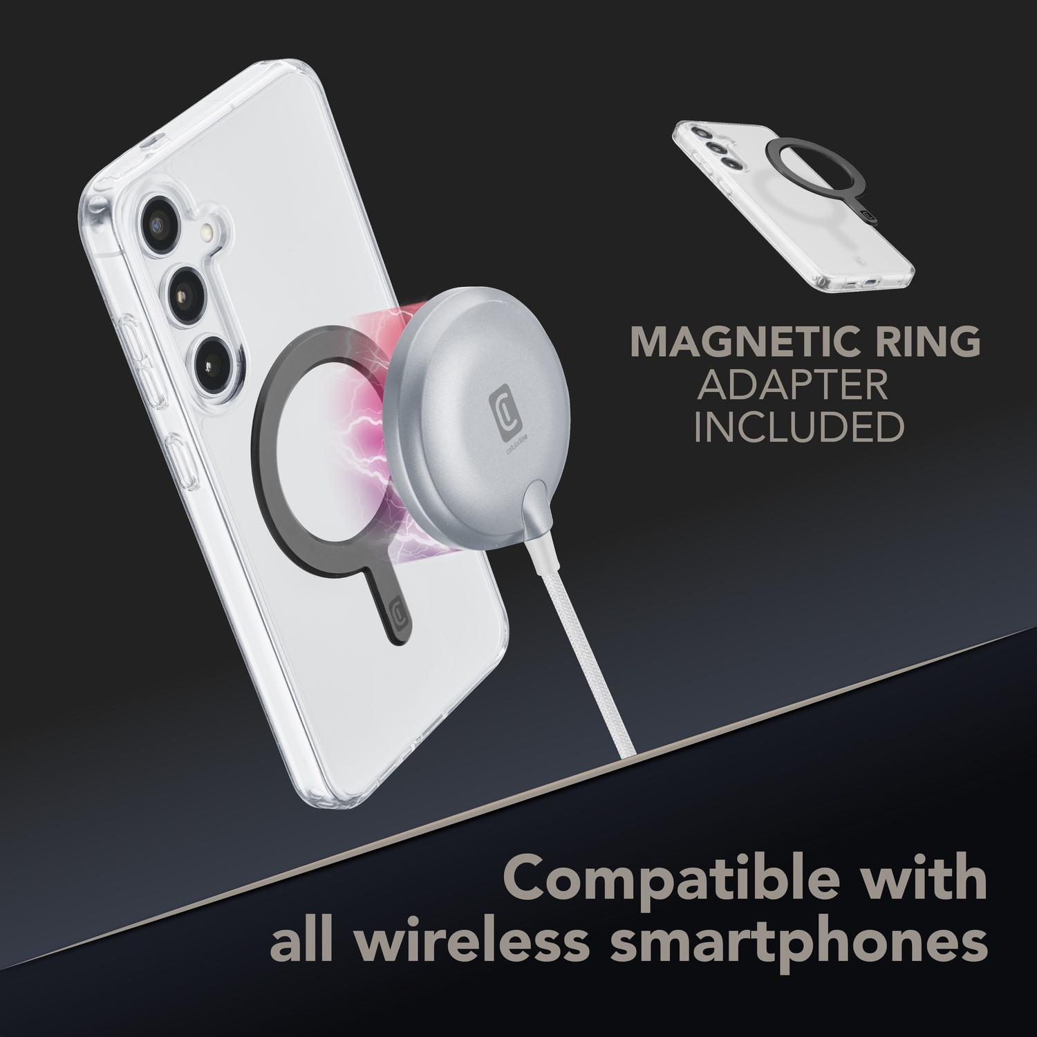 Custodia trasparente per telefono con anello magnetico e cavo di ricarica su sfondo scuro.