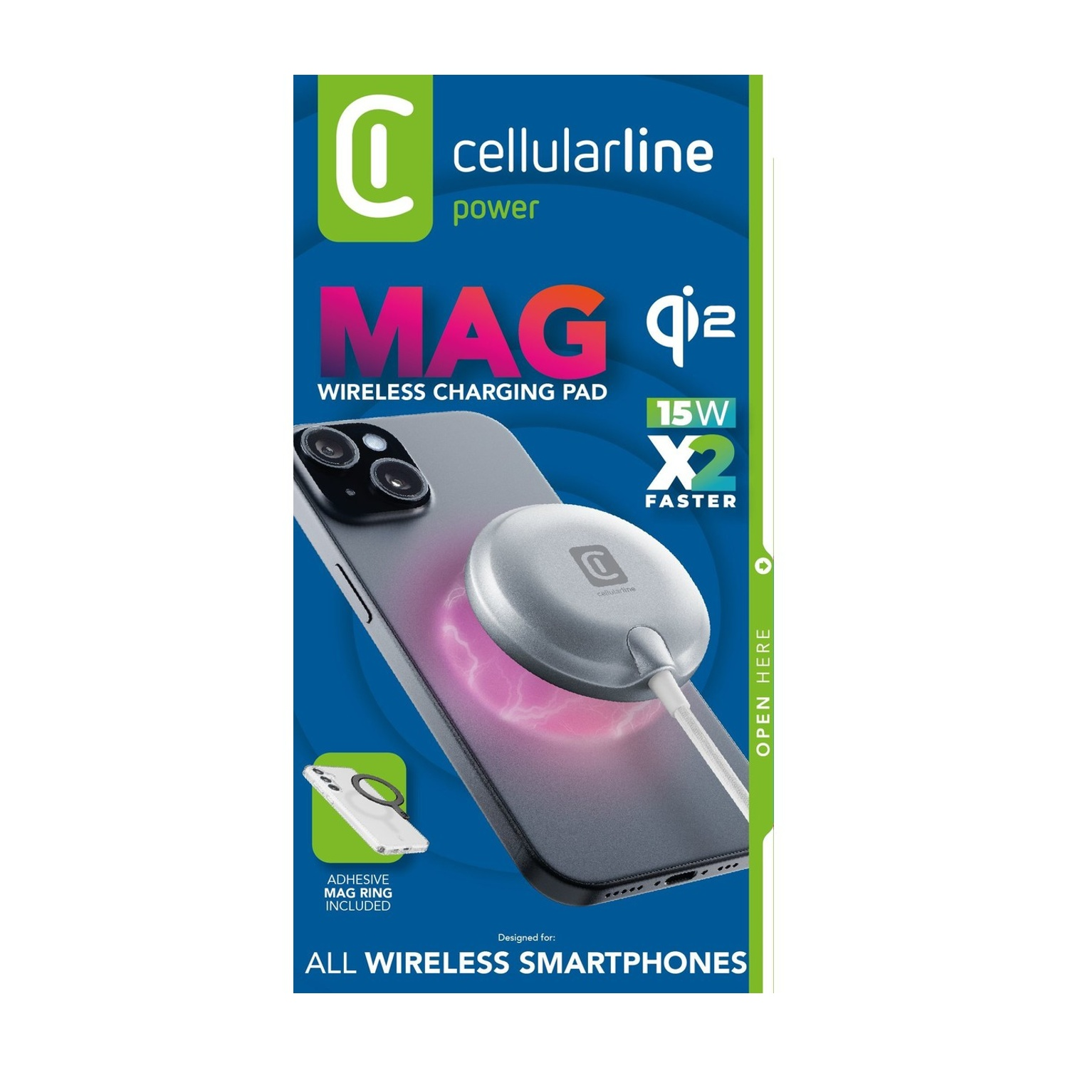 Pad di ricarica wireless Cellularline MAG Qi2 su smartphone. Anello magnetico adesivo.