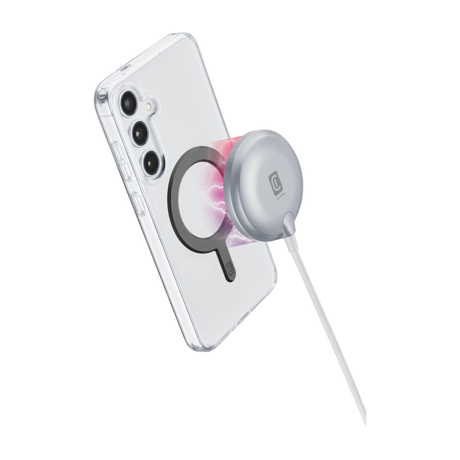 Una cover trasparente per telefono con caricabatterie magnetico sul retro.