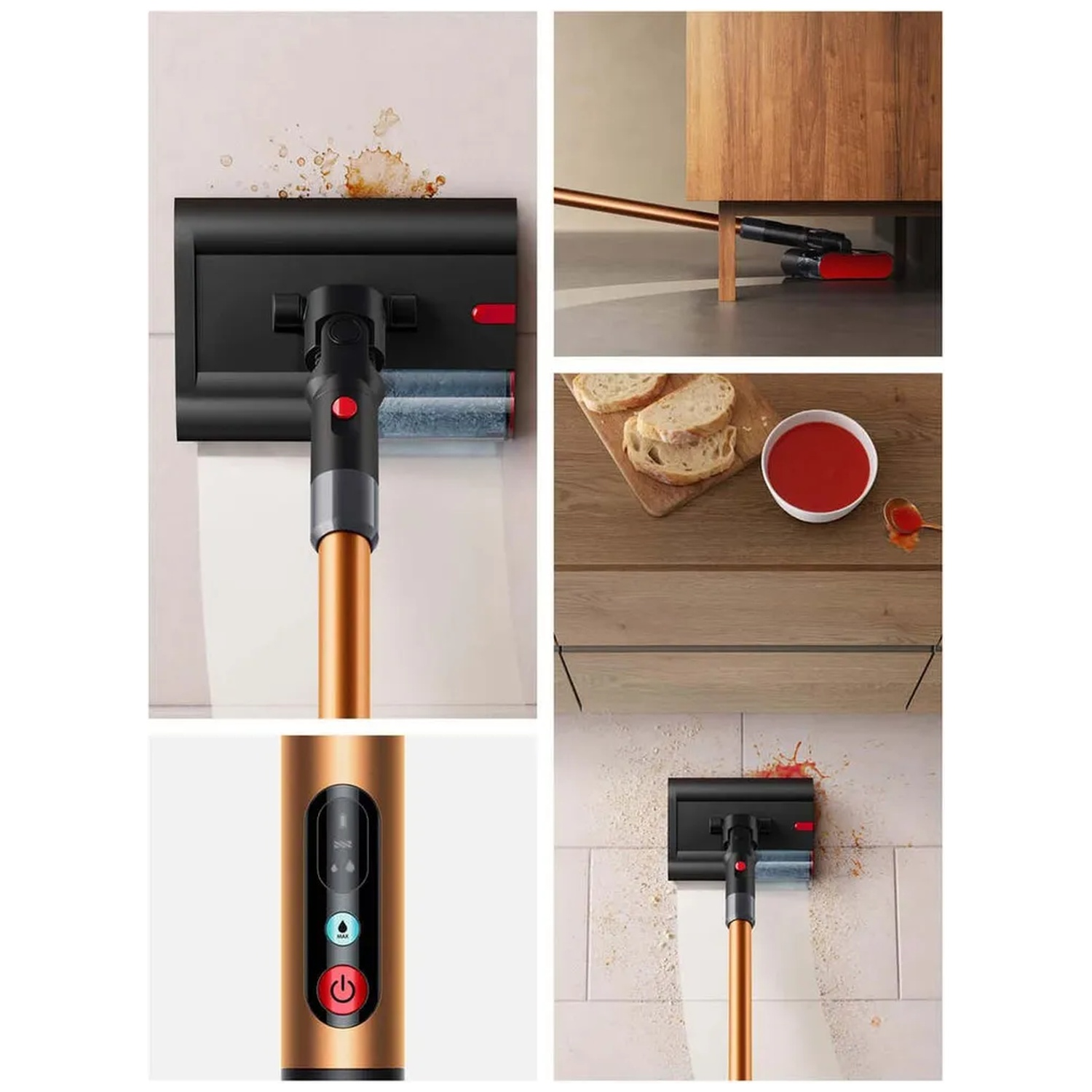 Un aspirateur nettoie des taches sur mur et sol. Manche avec écran.