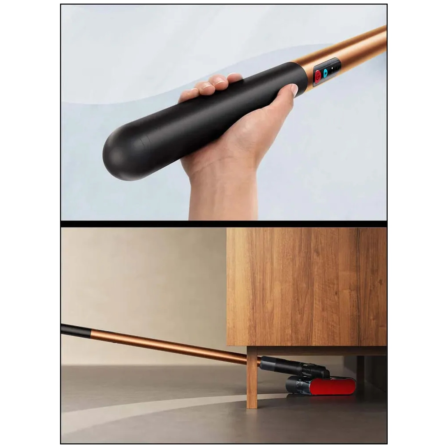 Main tient manche aspirateur noir. Tête aspire sous meuble en bois.