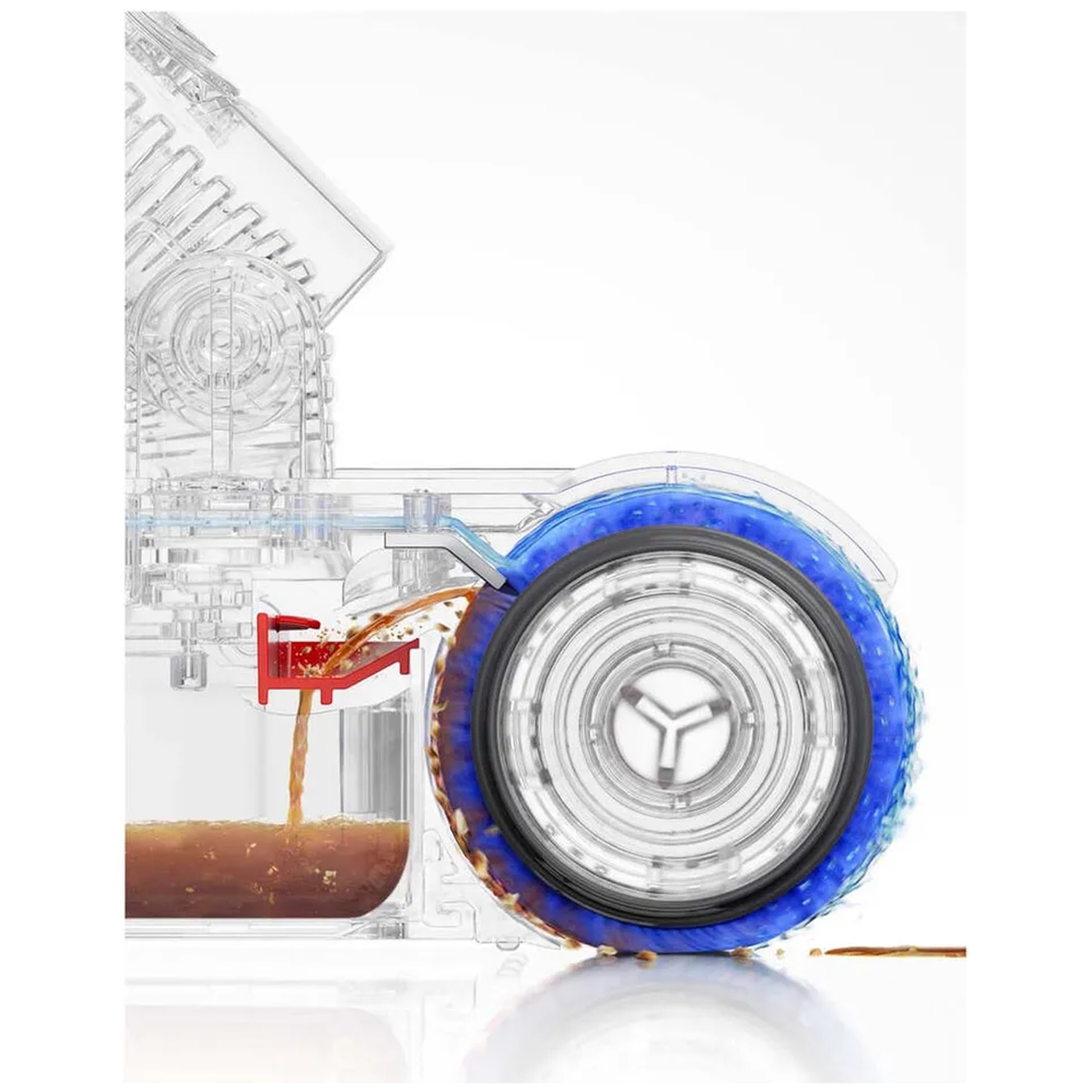 De l'eau sale coule dans un récipient pendant qu'une brosse rotative bleue tourne.