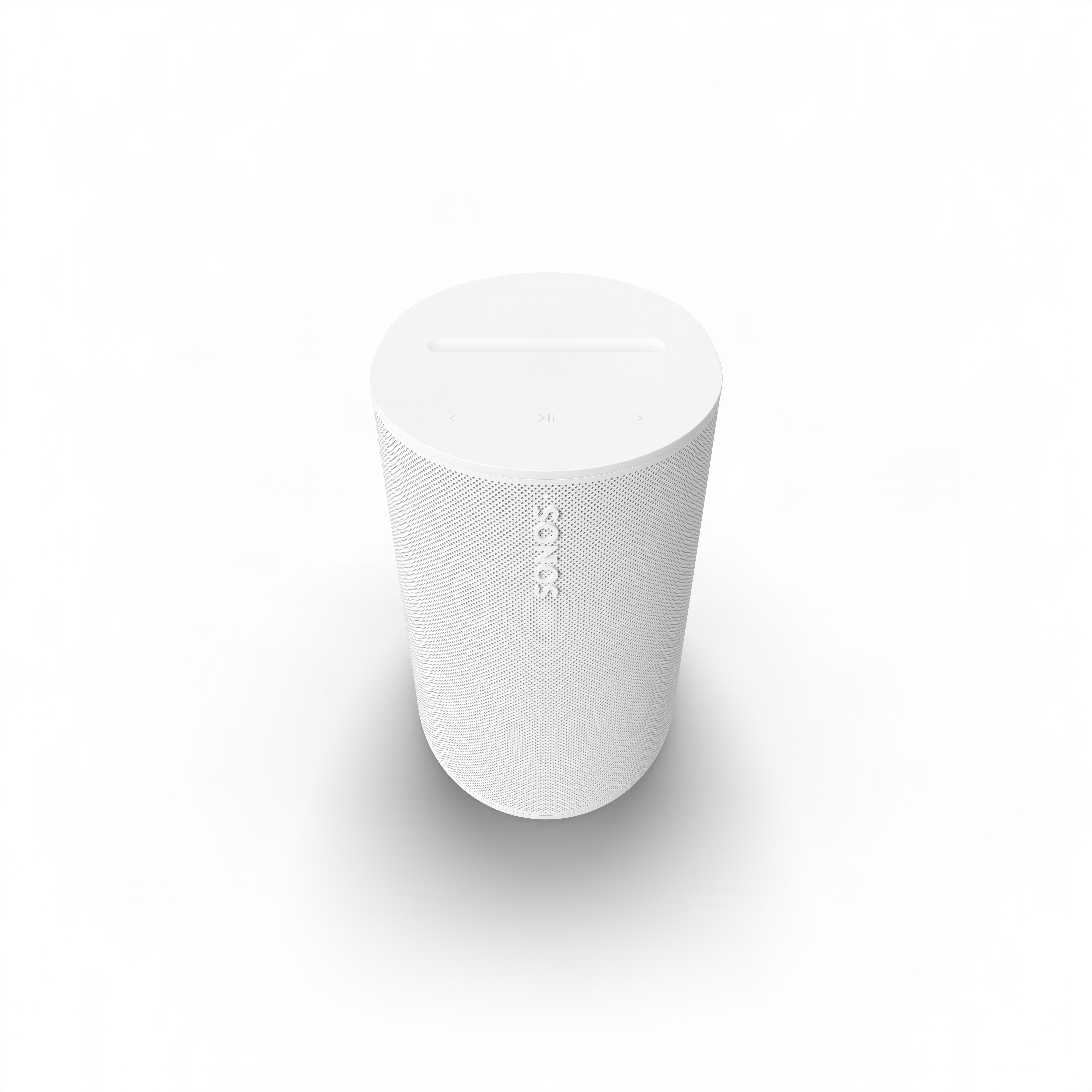 Ein weißer, zylindrischer Sonos-Lautsprecher mit Bedienelementen auf der Oberseite.